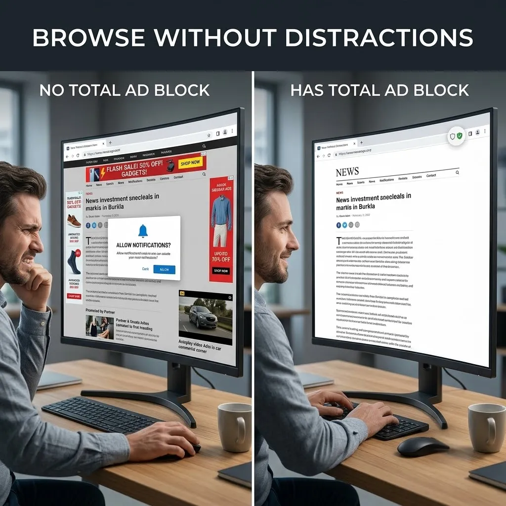 Side-by-side comparison showing a cluttered, ad-filled webpage without Total Adblock next to a clean, distraction-free webpage with Total Adblock enabled